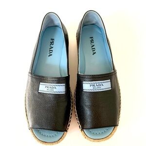 Prada Black Blue plaque logo open toe platform espadrilles EU 37